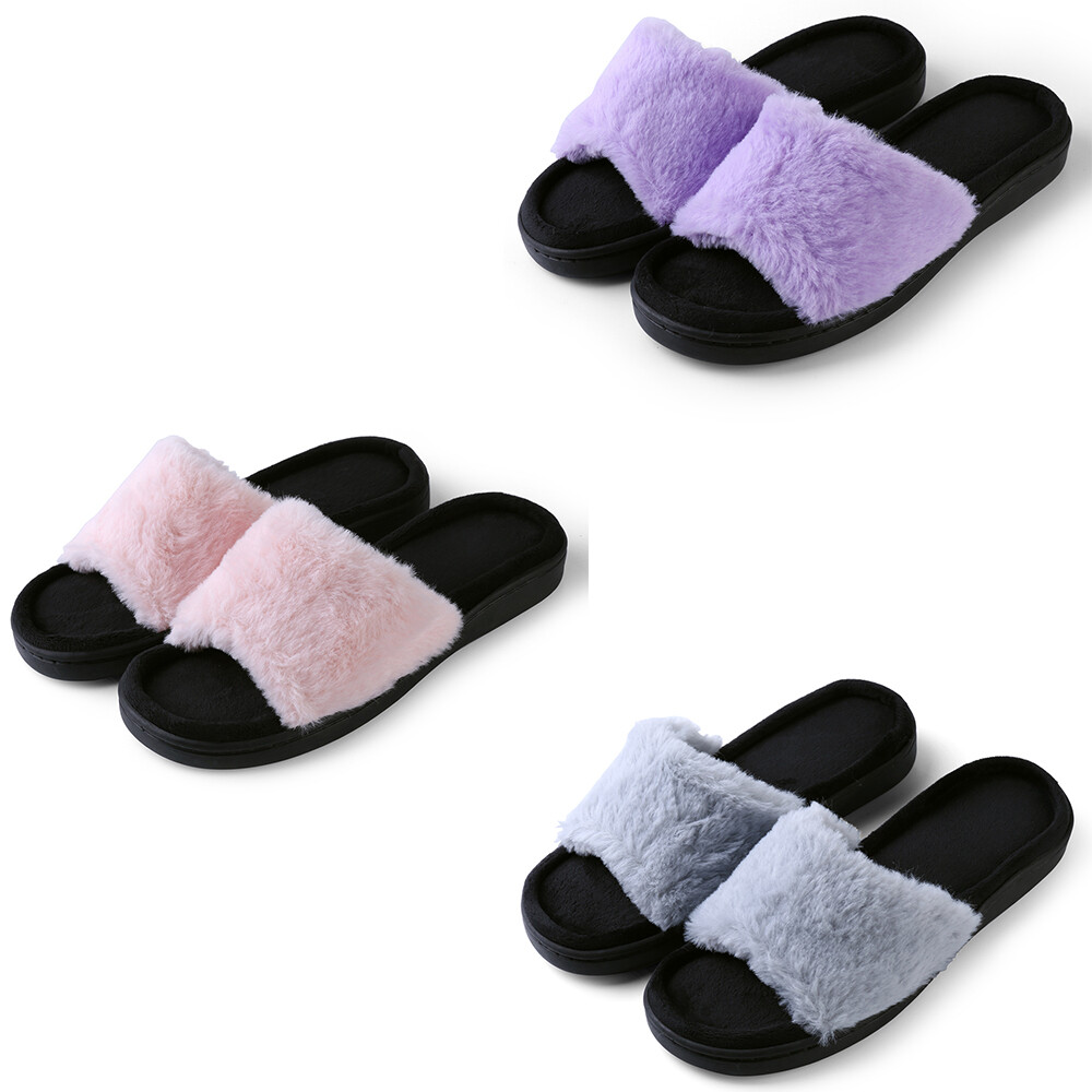 Aerusi Women Fuzzy Comfy Slide Open Toe Memroy Foam Slippers House Bedroom Shoes
