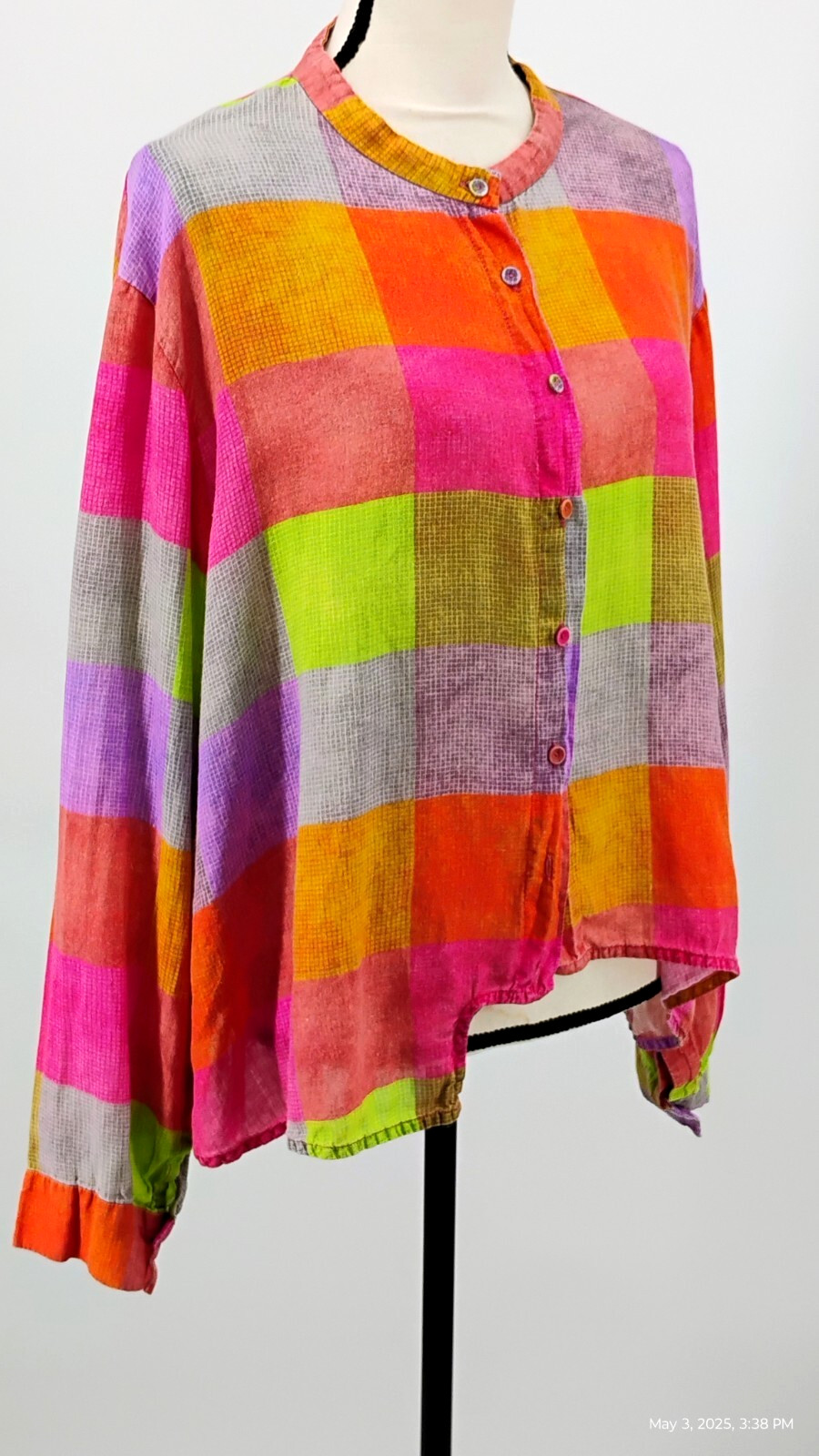 Buykud Irregular Plaid 100% Ramie Button Blouse Shirt Colorful Long Sleeve XL