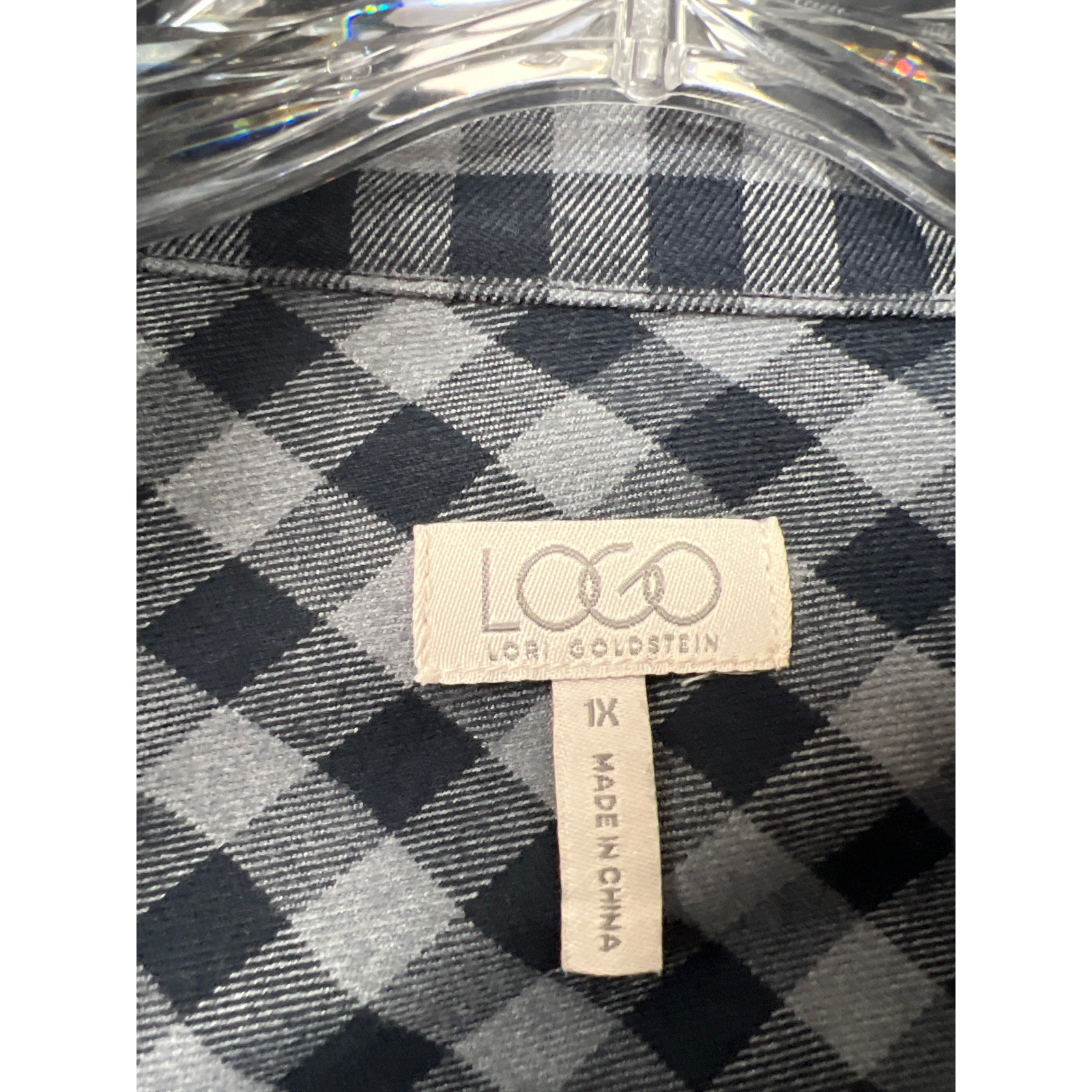 LOGO Lori Goldstein Plaid Jacket Womens 1X Navy Gray Black Mixed Media Snap Zip