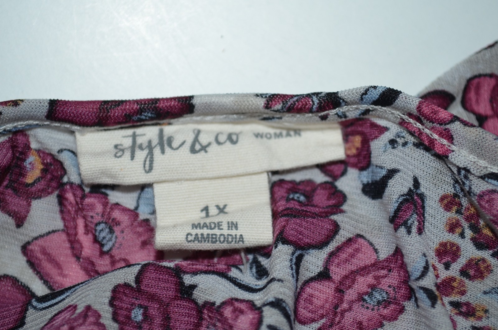 Style & Co Pink Burgundy Floral Print Peasant Top 1X Crochet Inset Bell Sleeves