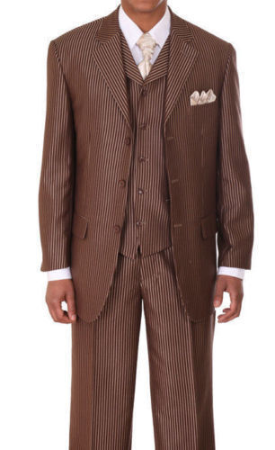 Men’s Three Button Pin-Striped Fashion Suit w/ Matching Vest 5802V5 Cream