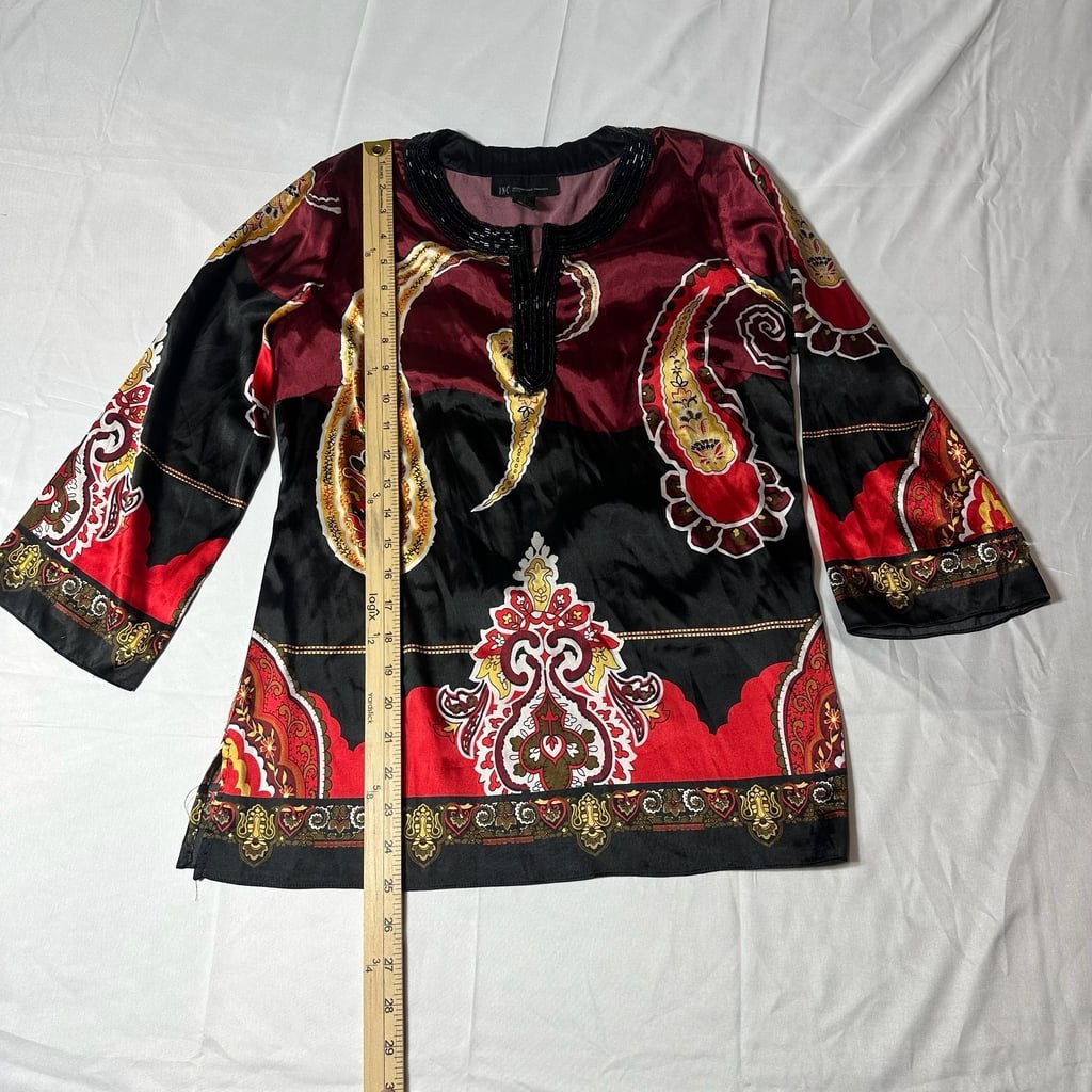 INC International Concepts Petite Paisley Print Beaded Tunic Top Women’s 6P Bo