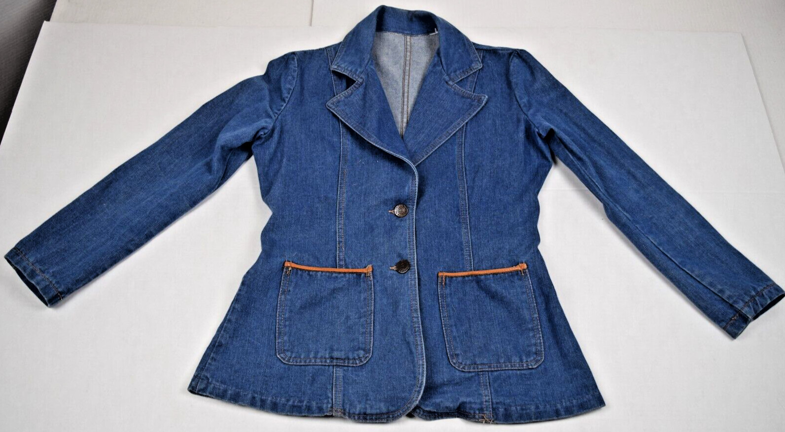 Denim Jacket VTG 70s French Militaires Equipements Leather Trim Fitted Sz S/M
