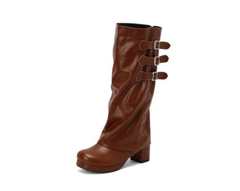 Women’s Block Heel Knee High Boots Knight Shoes Buckle Platform Side Zip Retro
