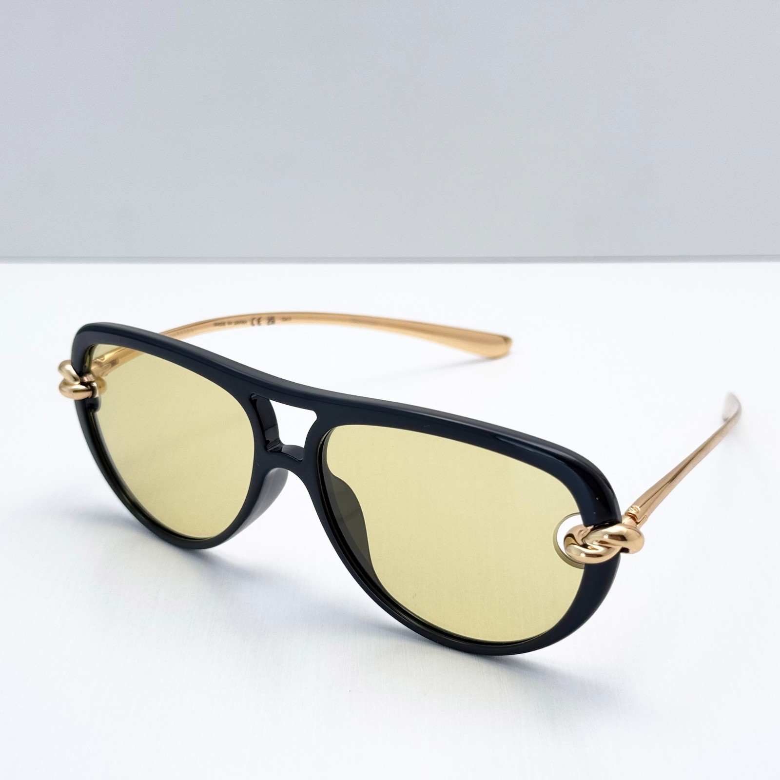 Bottega Veneta BV1418S Black Gold Cat Eye Sunglasses Yellow Lens 58-15-145