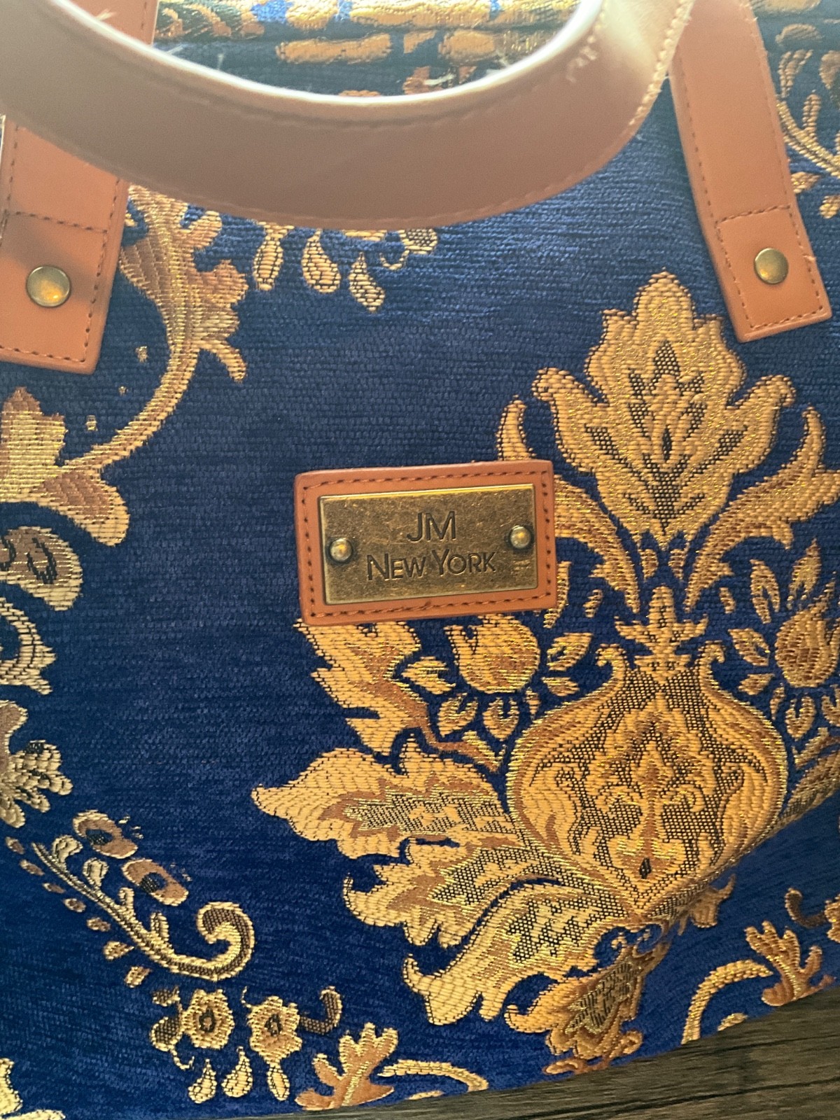 retro carpet bag large blue and gold