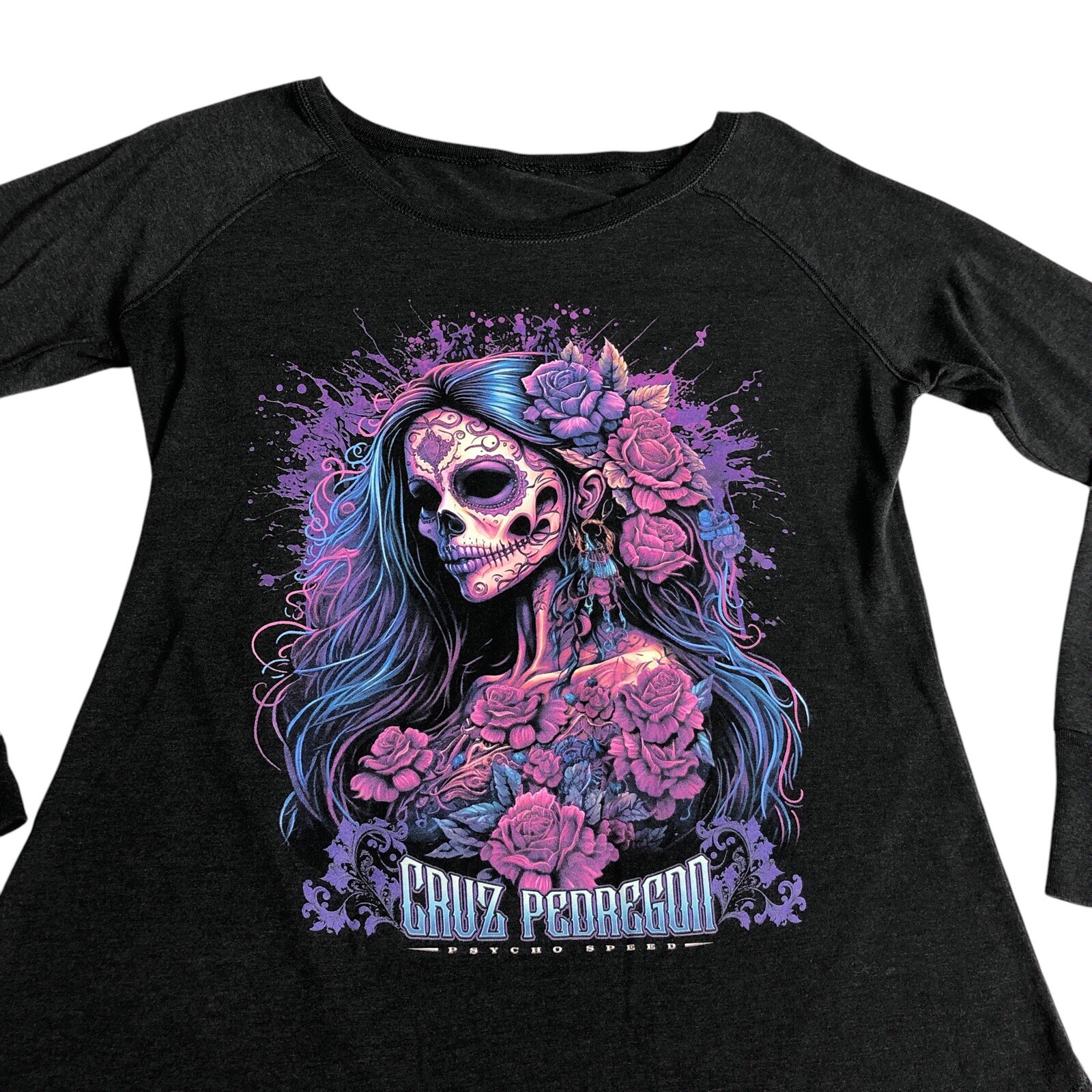 Cruz Pedregon Top Womens S/M Charcoal Gray Sugar Skull Psycho Speed Racing Moto