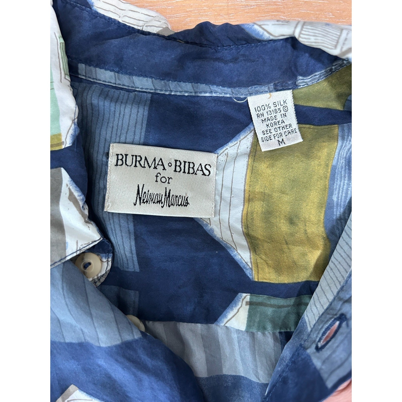 Burma Bibas Neiman Marcus Mens Medium Silk Beach Hut Novelty Hawaiian Shirt Blue