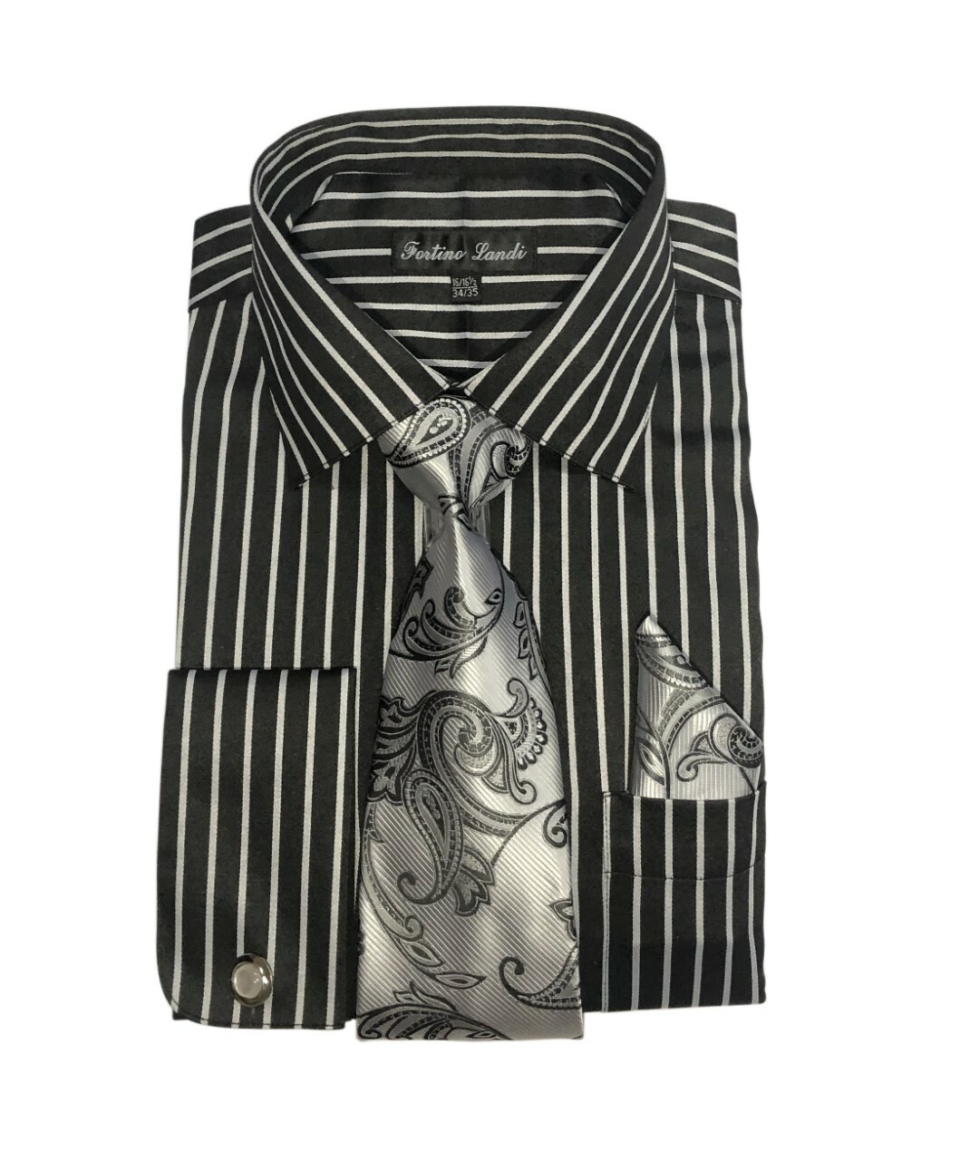 Men’s Striped Dress Shirt with Tie + Handkerchief, French Cuff Links New