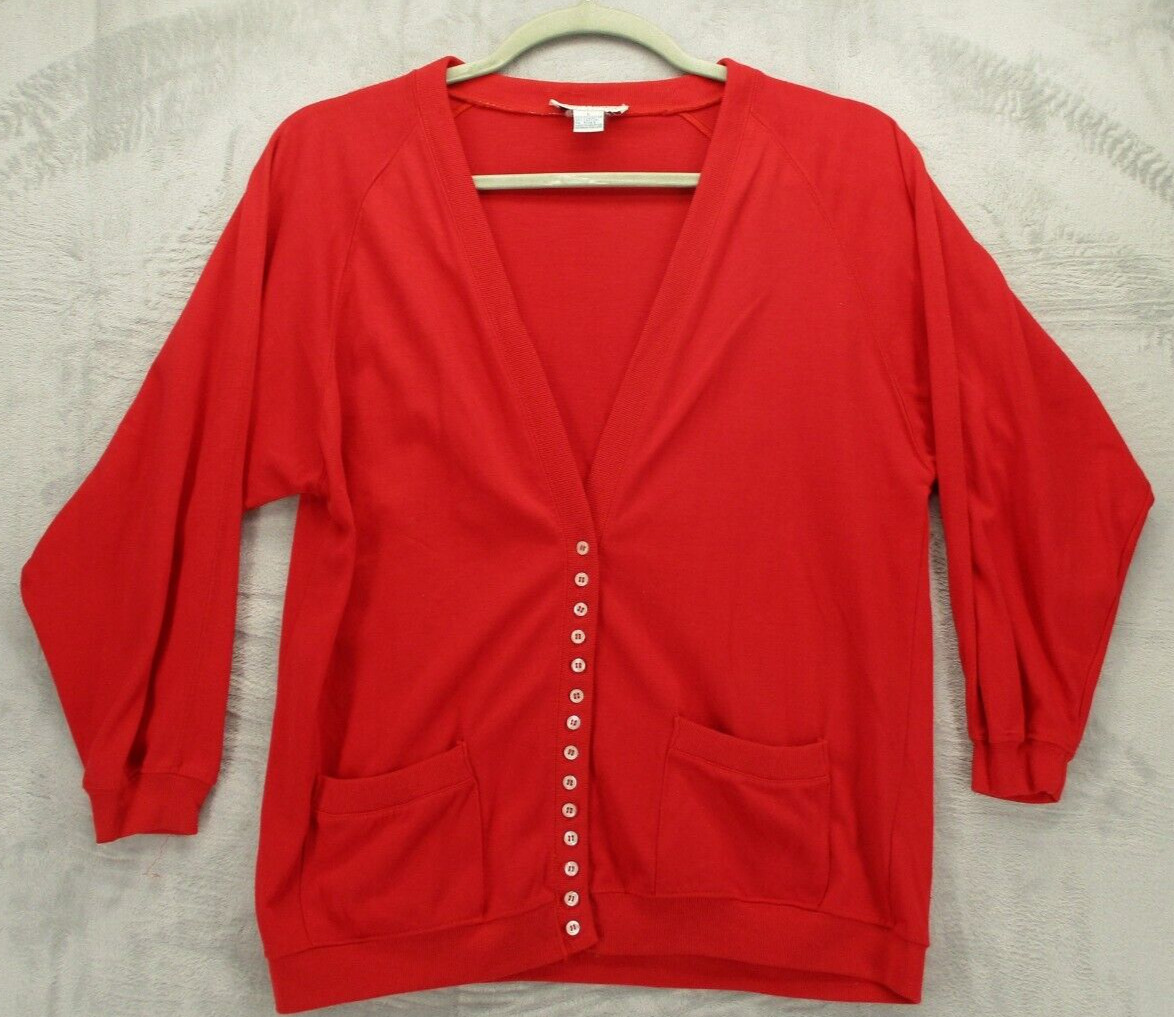 Currants by Jeri-Jo Sweater Women’s Large Red w/ Pockets Tight Knit Cardigan