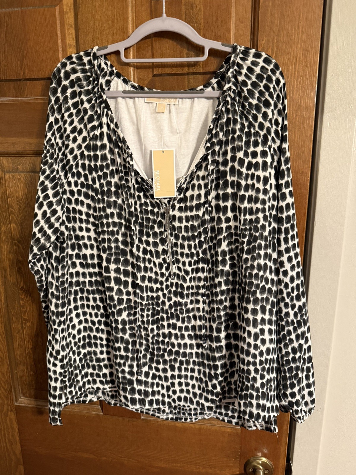 Women’s Michael Kors Abstract Cheetah Print Black White Top Blouse Size 14 Zip