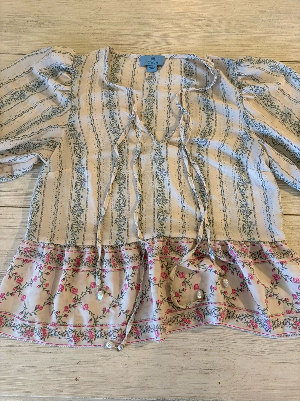 CeCe Cream Floral Tunic Puff Sleeve Tie Front Cottagecore | Size Small