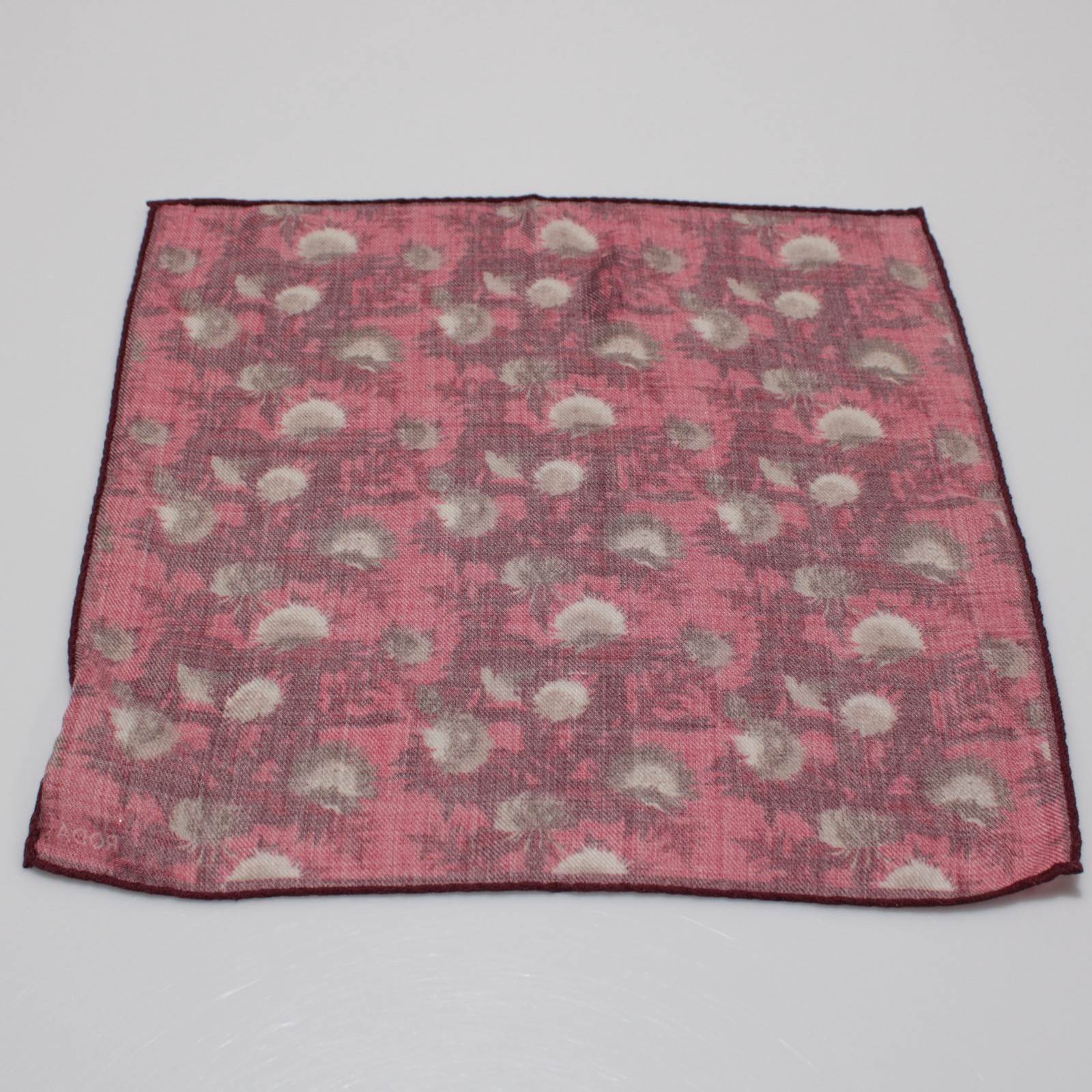 Roda NWT Wool / Silk Blend Pocket Square In Red / Cream / Brown Floral Print