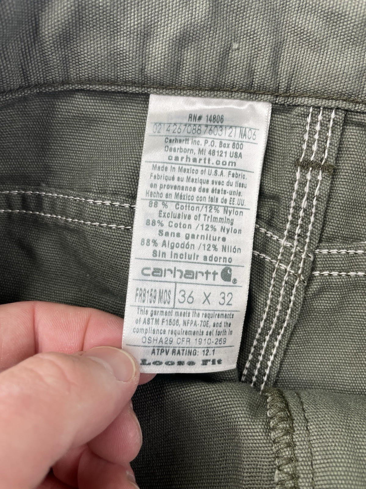 Carhartt Flame Resistant Work Pants Men’s Size 36×32 FRB159 MOS Green Loose Fit