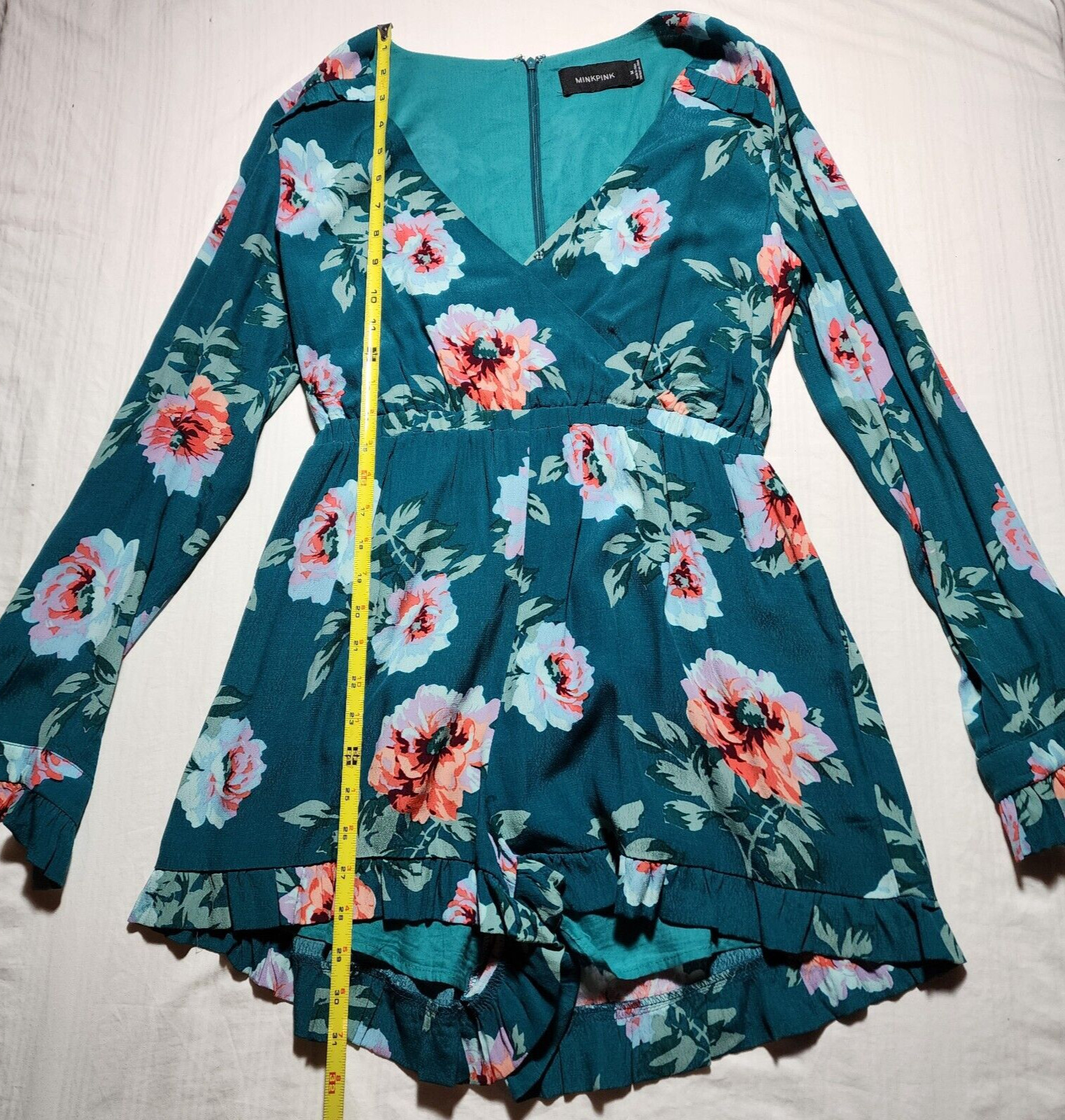 Minkpink Romper Womens Medium Green Pink Floral Short Long Sleeve Ruffles V Neck