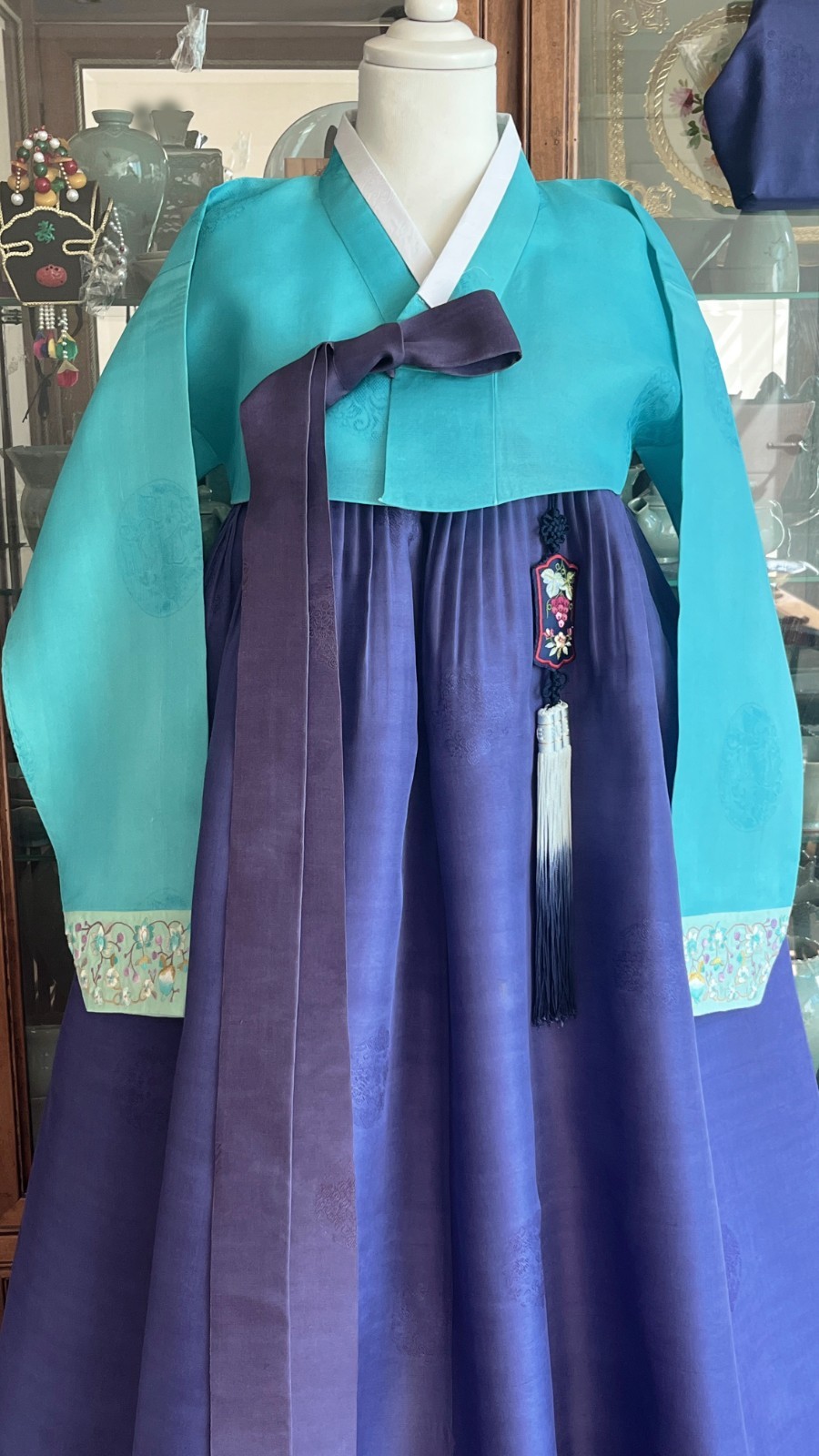 Premium Silk Traditional Korean Hanbok Dress–Mint & Purple / Petticoat /Hand bag