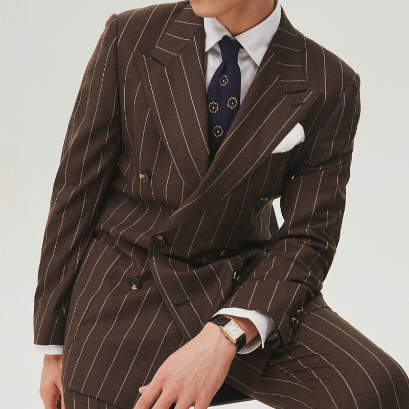 Men Brown Pinstripe Suits Double Breasted Jacket Pant Peak Lapel Business Office