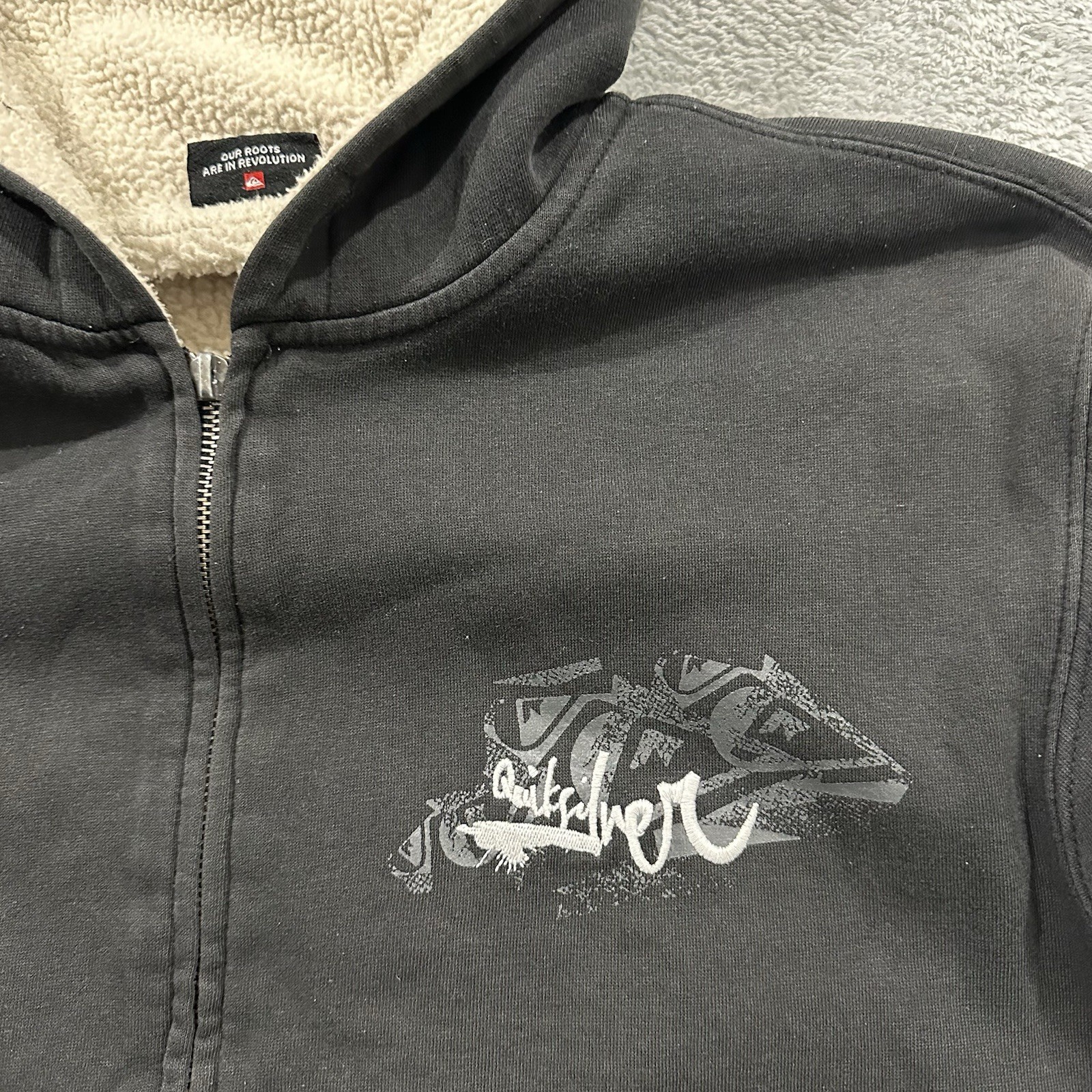 Quiksilver Mens XL Sherpa Lined Hoodie Jacket Full Zip Black Fleece Y2K Surf