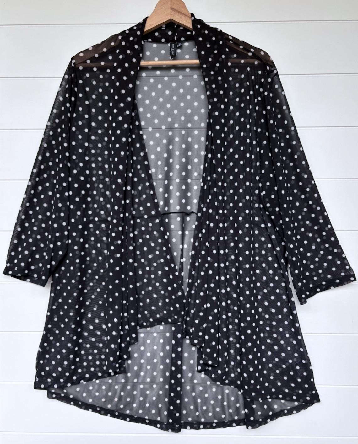 Zero 2 Eight Plus 3X Sheer Mesh Polka Dot Open Front Cardigan Black White Draped