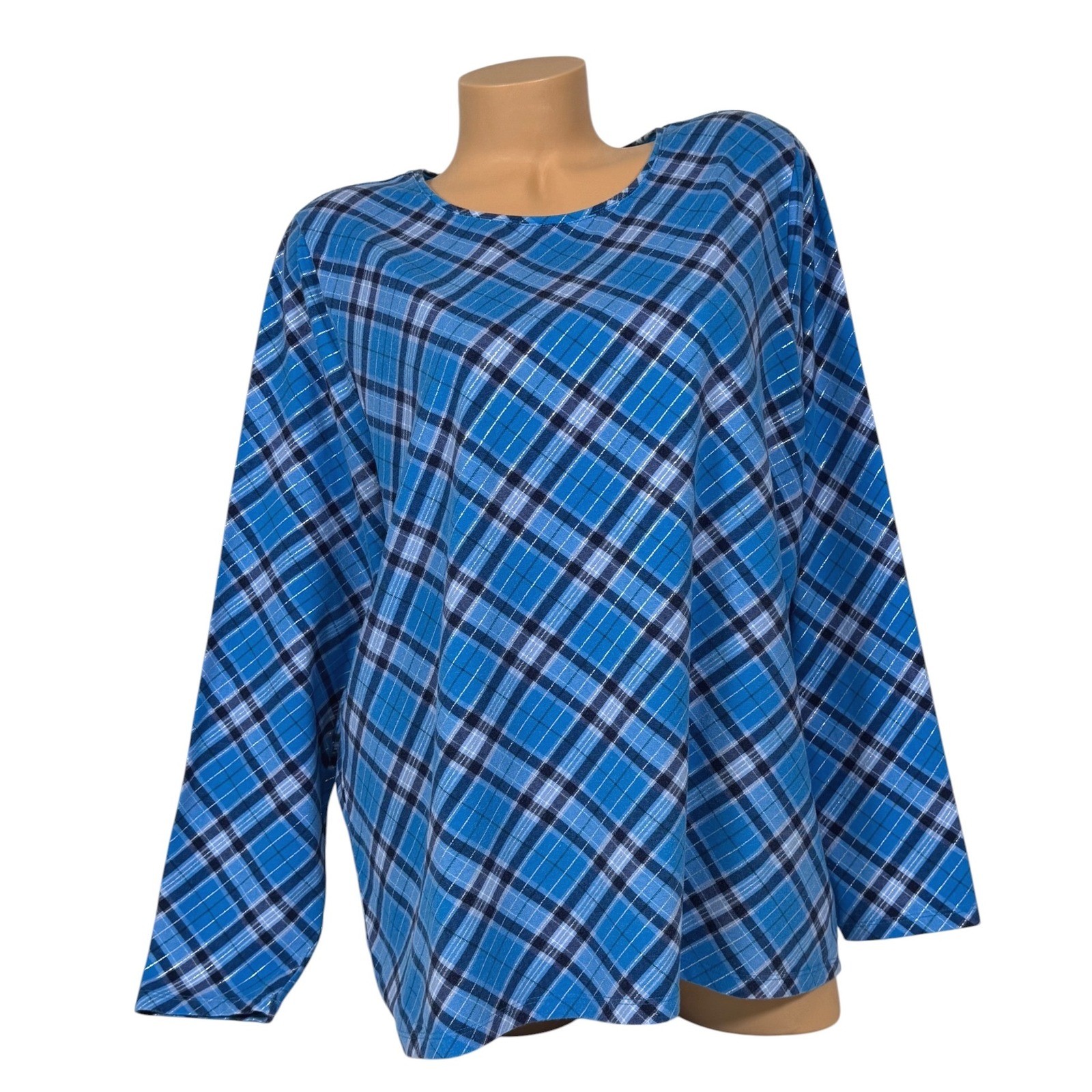 Talbots Blue Plaid Metallic Long Sleeve Tee Shirt Womens Plus 2X Cotton Stretch