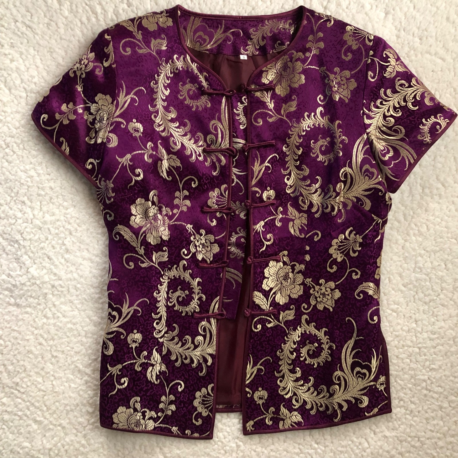 Asian Style Womens S Top Purple Paisley Floral Lined Silky Satiny Thin Shoulder