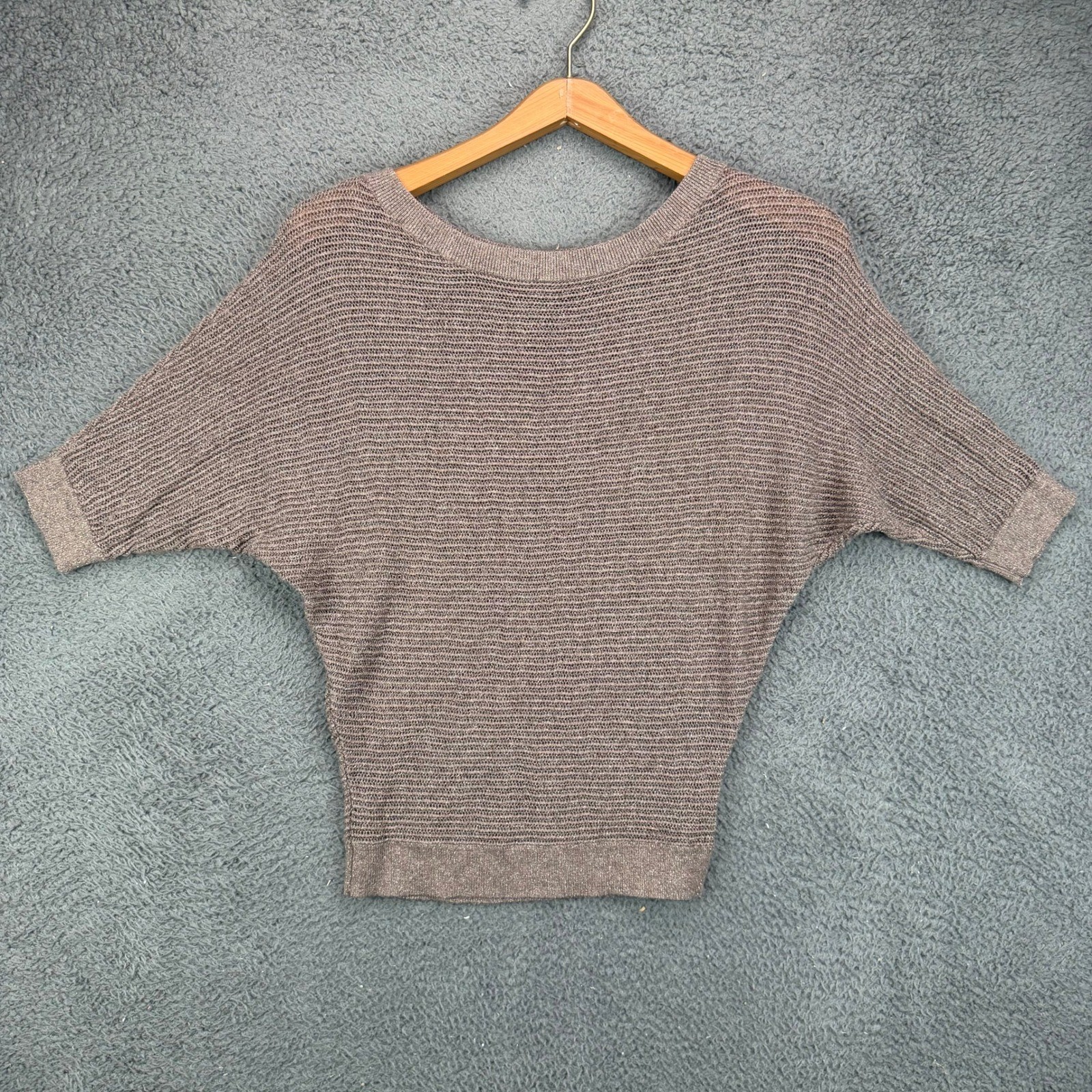 Express Womens Small Brown Metallic Shimmer Open Knit Batwing Dolman Sweater
