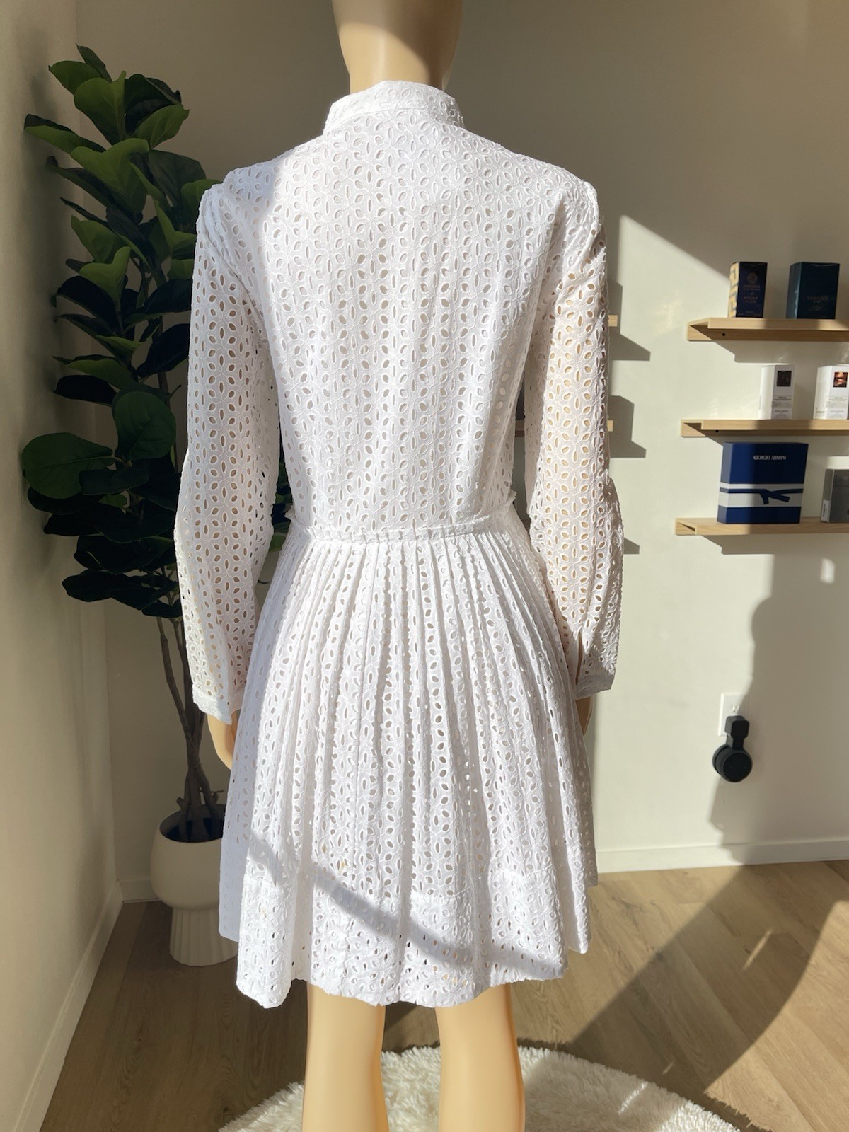 Michael Kors White Eyelet Shirt Dress Collared Button Front Long Sleeve 10