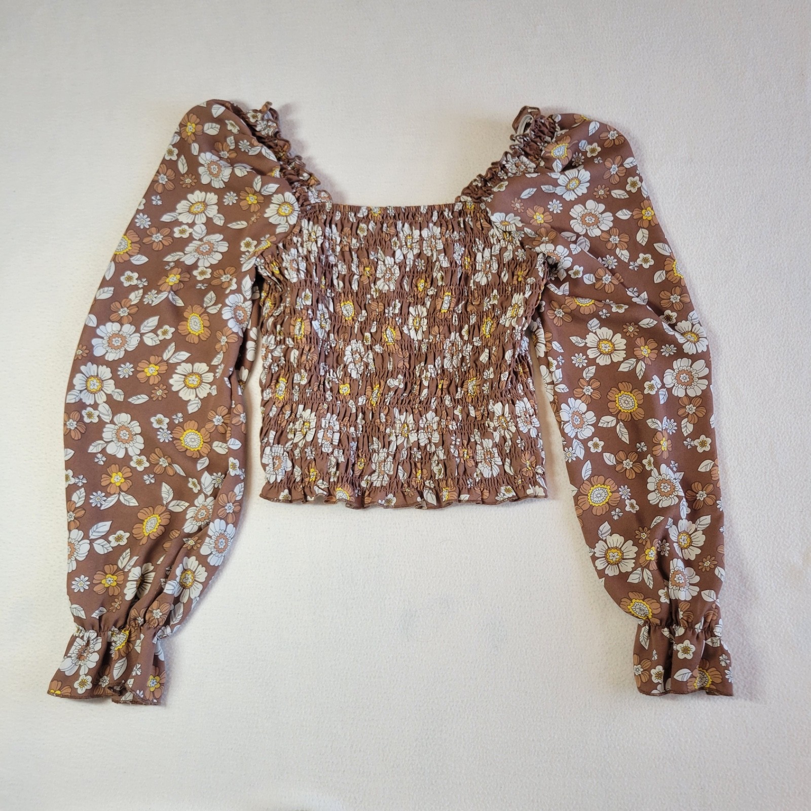 Hesperus Smocked Tube Top Long Sleeve Brown Floral Blouse Size S Boho Cowgirl