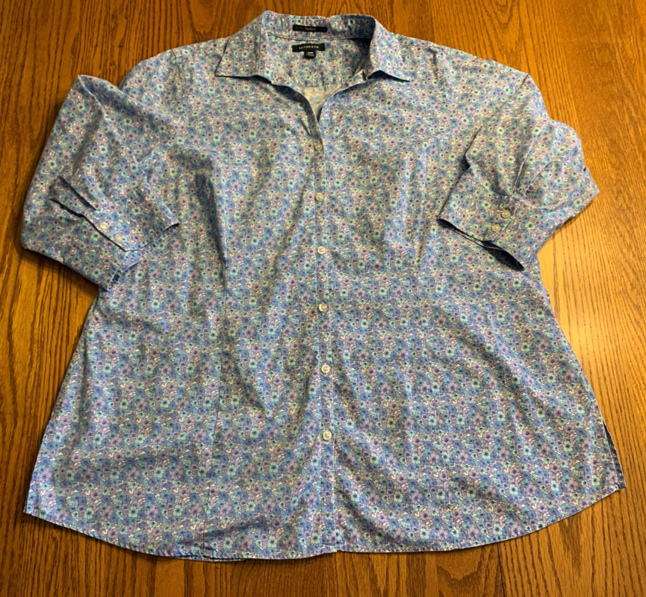 LANDS END Womens PLUS Blue Floral 3/4 Slv Button Down Tunic BLOUSE 18W EUC