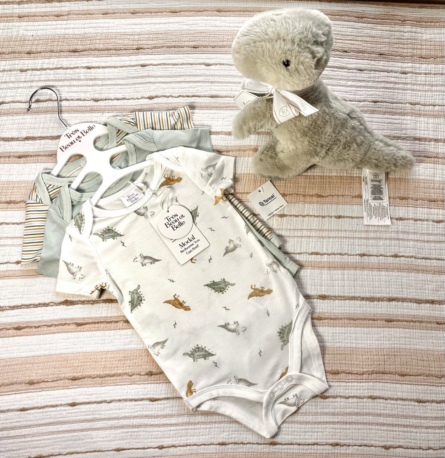 NWT Tres Beau et Belle TENCEL Modal 3pc Set 6-9M & Snug Dino Plush Lot