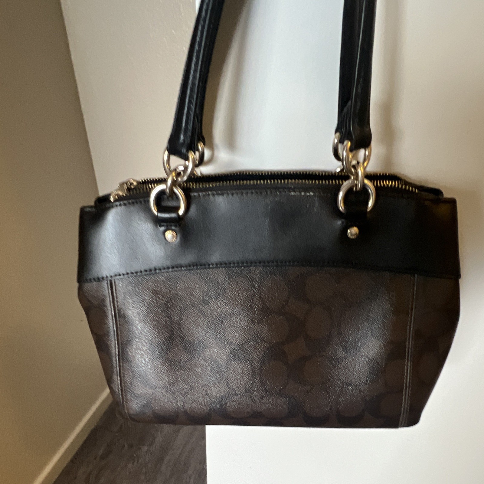 Coach Signature Logo Satchel Top Handle Zip Bag Brown Black Gold Hardware