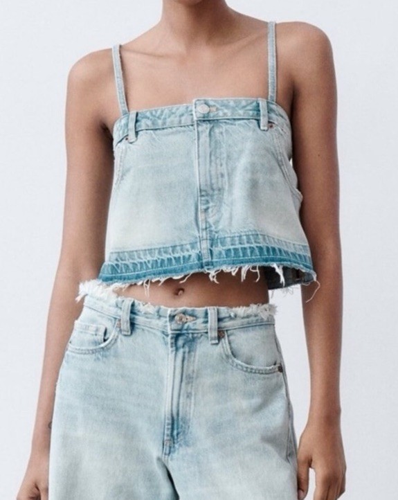 ZARA Skirt Effect Cropped Denim Spaghetti Straps Jean Tank Top