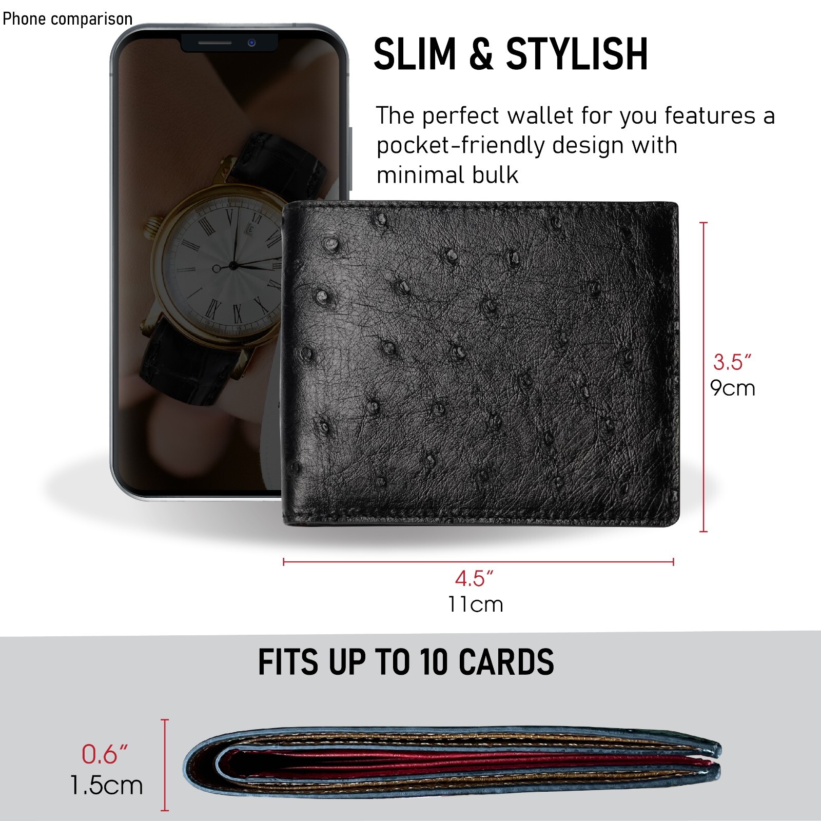 Genuine Ostrich Black/Red Bifold Leather Wallet Men’s Skin Wallet Handmade