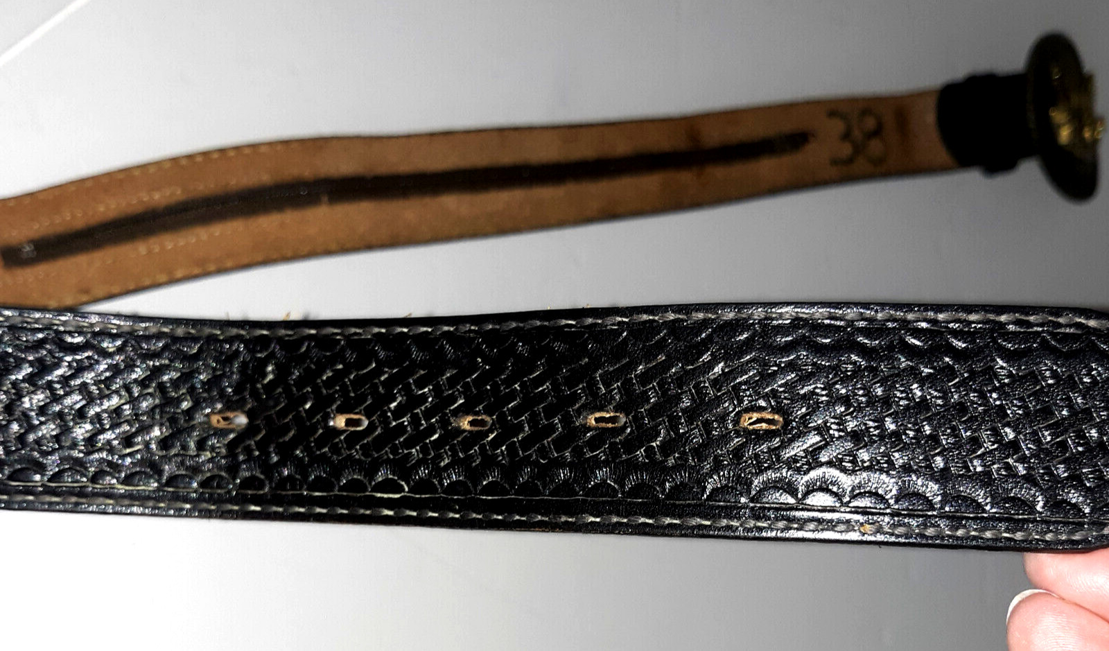 VTG DunDee Tooled Leather Zip $$ Belt 80sRainTree Buckle Eagle “Bare Arms”Sz 38