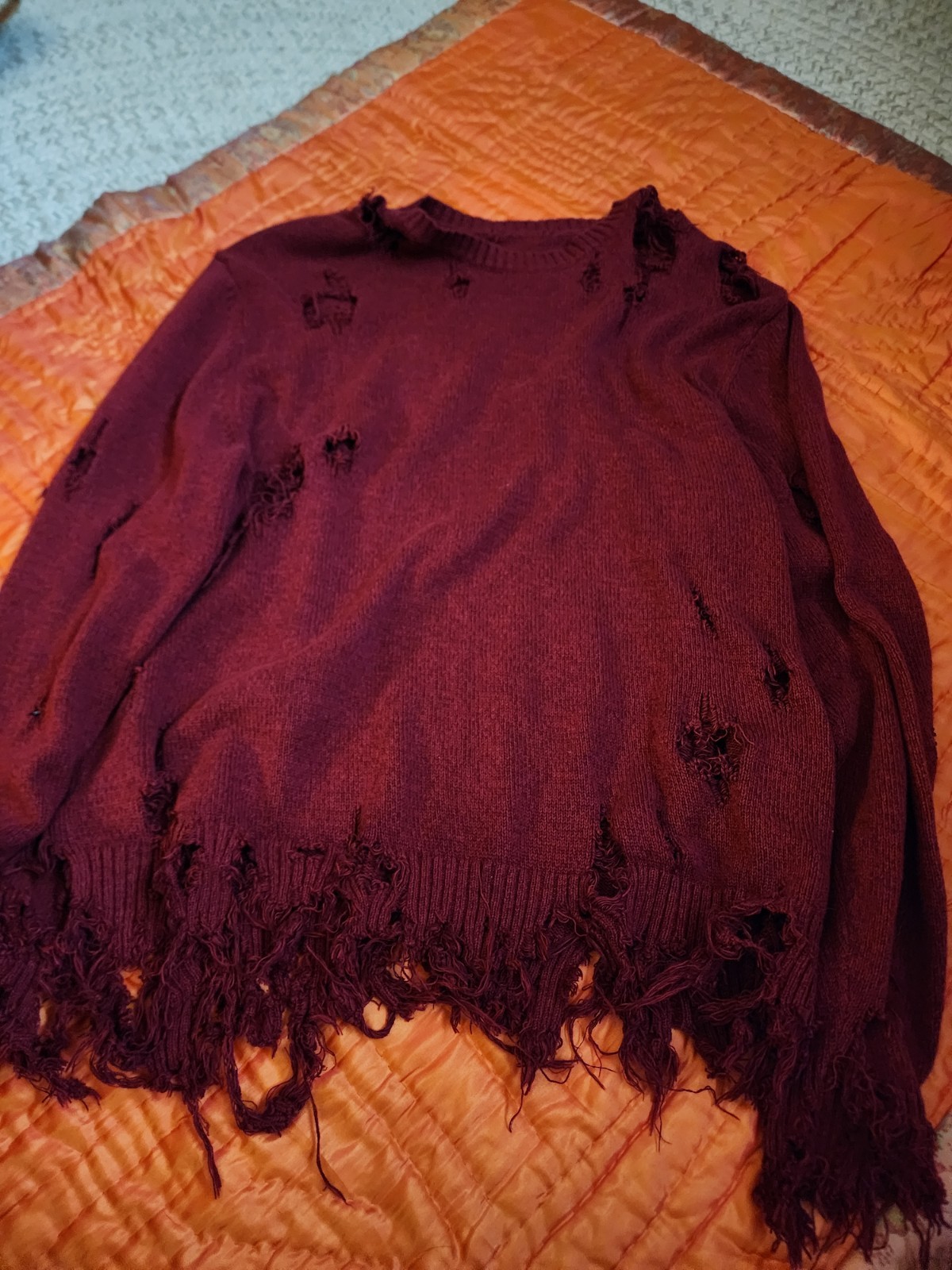 Mens Y2K Distressed Knit Sweater Grunge Punk Cropped 2000s Alt Burgundy