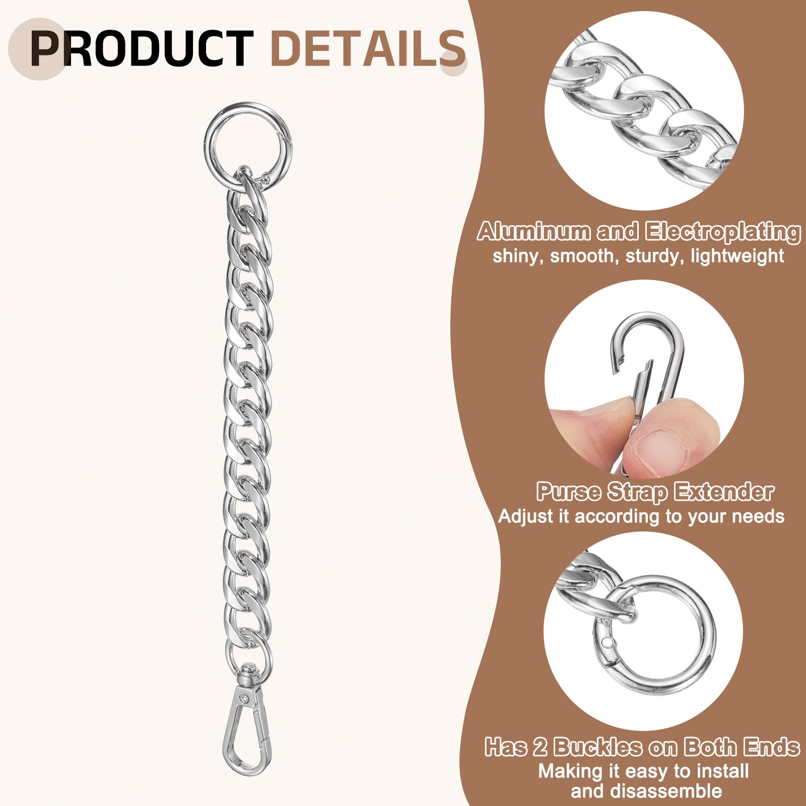 Purse Strap Extender 8.7-Inch Bag Extender Chain Silver 0.6 Width
