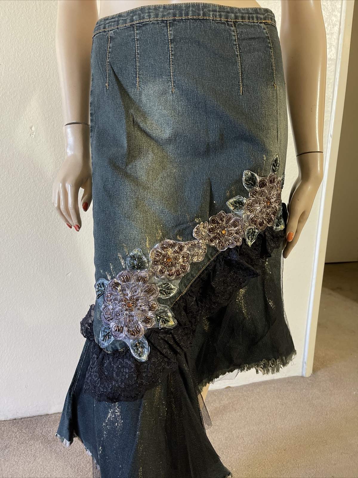Women’s Blue Denim Cotton Casual Stretch Slim Boho Zip Size S(4-6) Skirt 3126