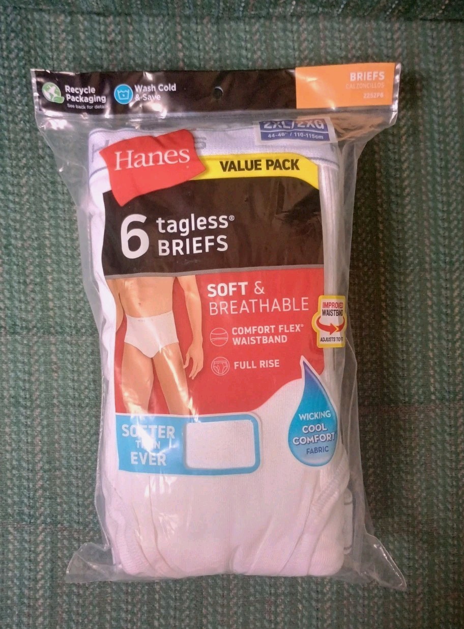 HANES Tagless Briefs 6 PACK Men’s Size 2XL / 44″-46″ (New sealed)