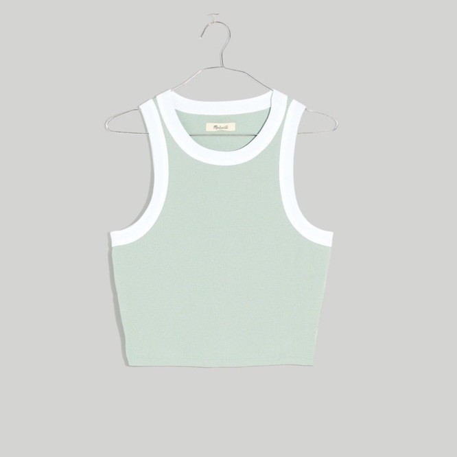 Madewell Brightside Rib Cutaway Crop Tank Pale Celadon Green White Trim