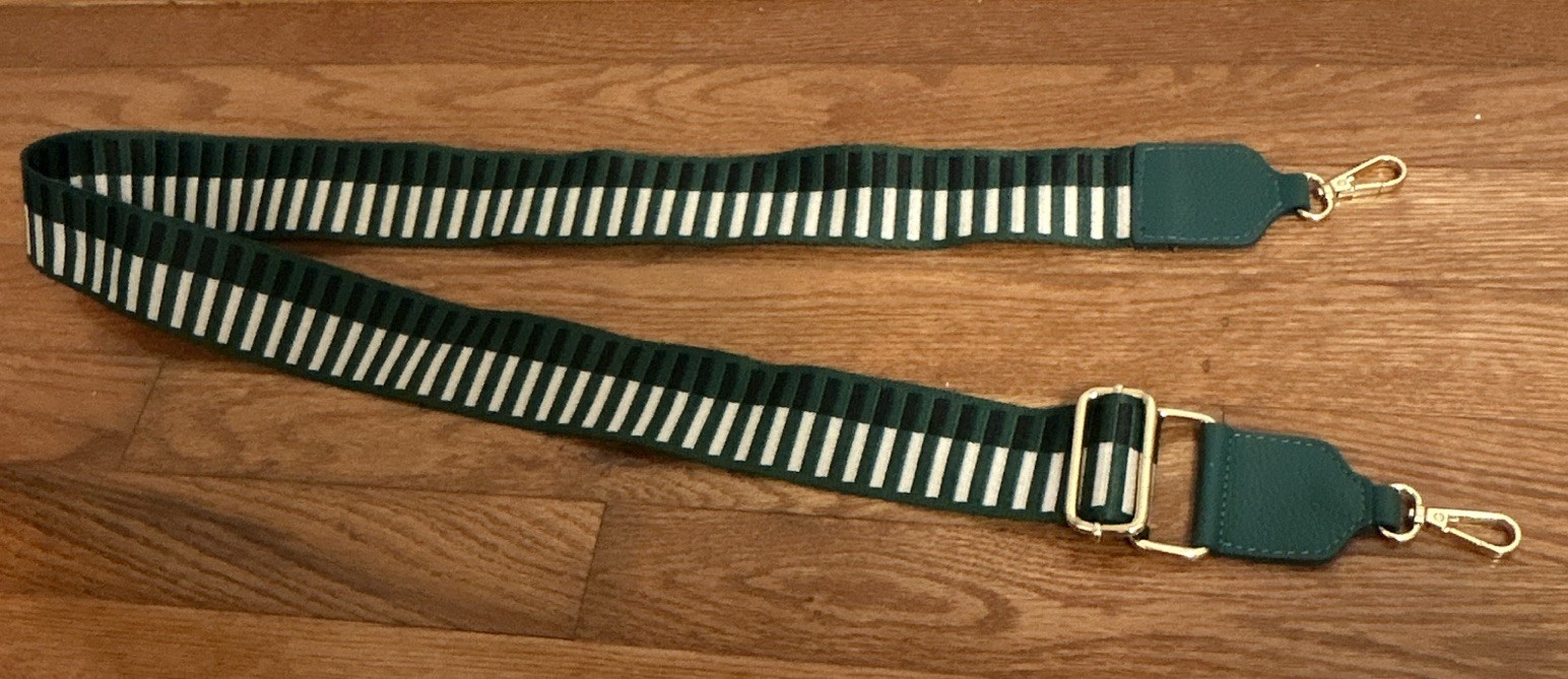 Green & White Striped Adjustable Women’s Handbag Strap, Gold Buckle Accent – 45”