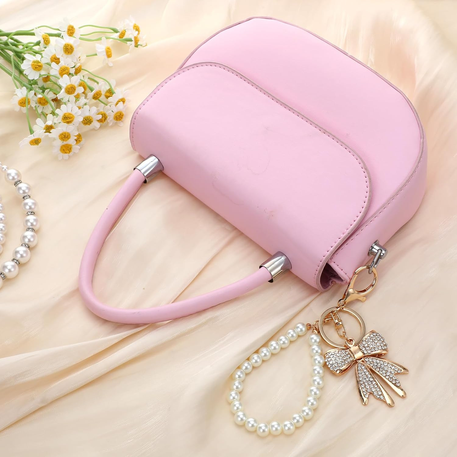 2 Pcs White Rhinestone Bowknot Keychain Imitation Pearl Chains Sparkly Bow Purse