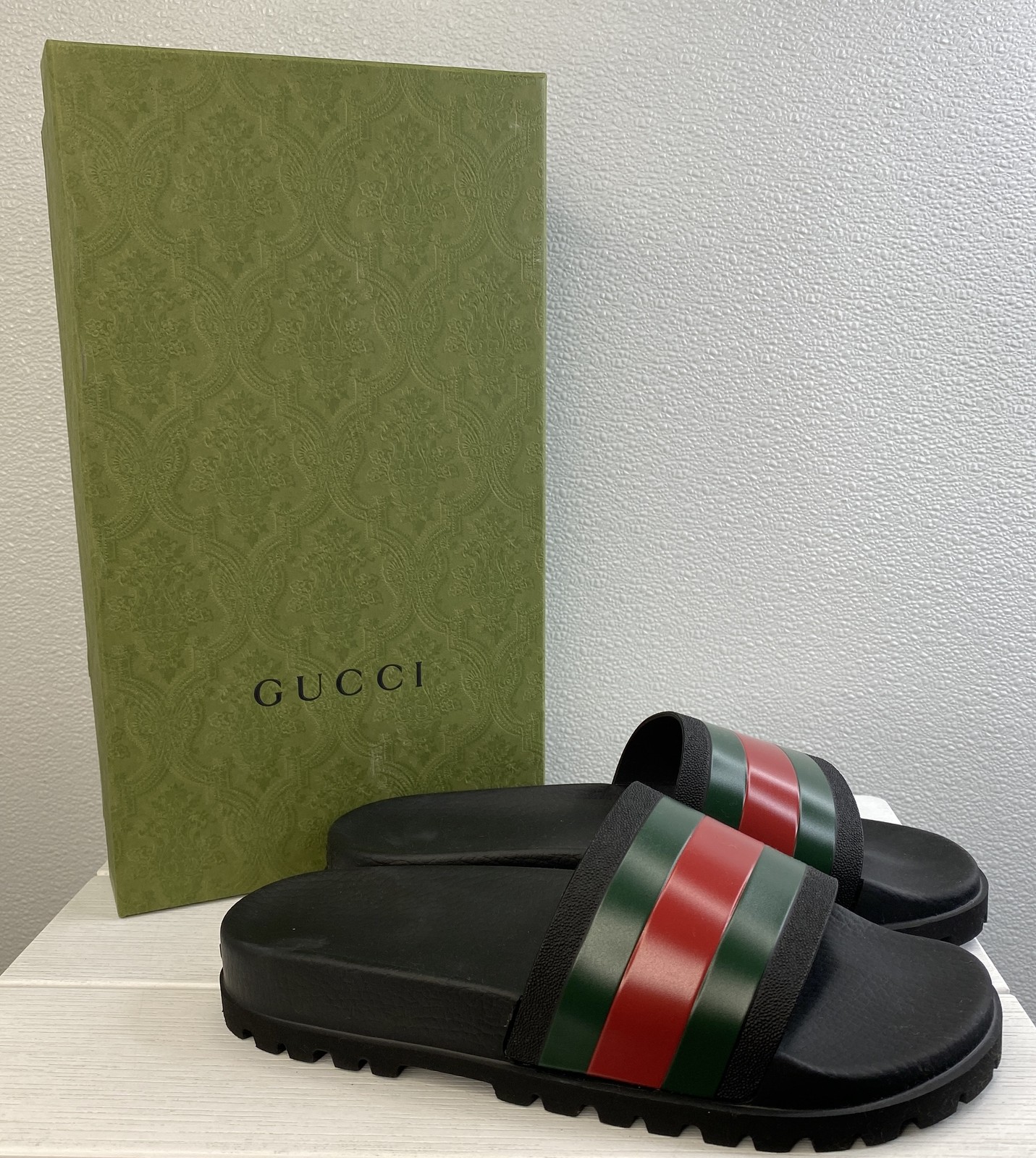 Gucci Slide Web Sandals Mens US10 UK9 Green/Red/Black Rubber Slip On *PREOWNED*