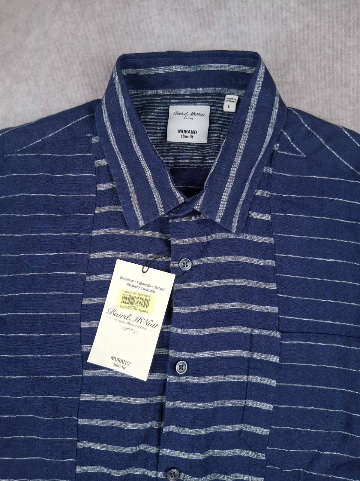 Murano Baird McNutt Linen Shirt Mens Large Slim Fit Navy Blue Striped Pocket NEW