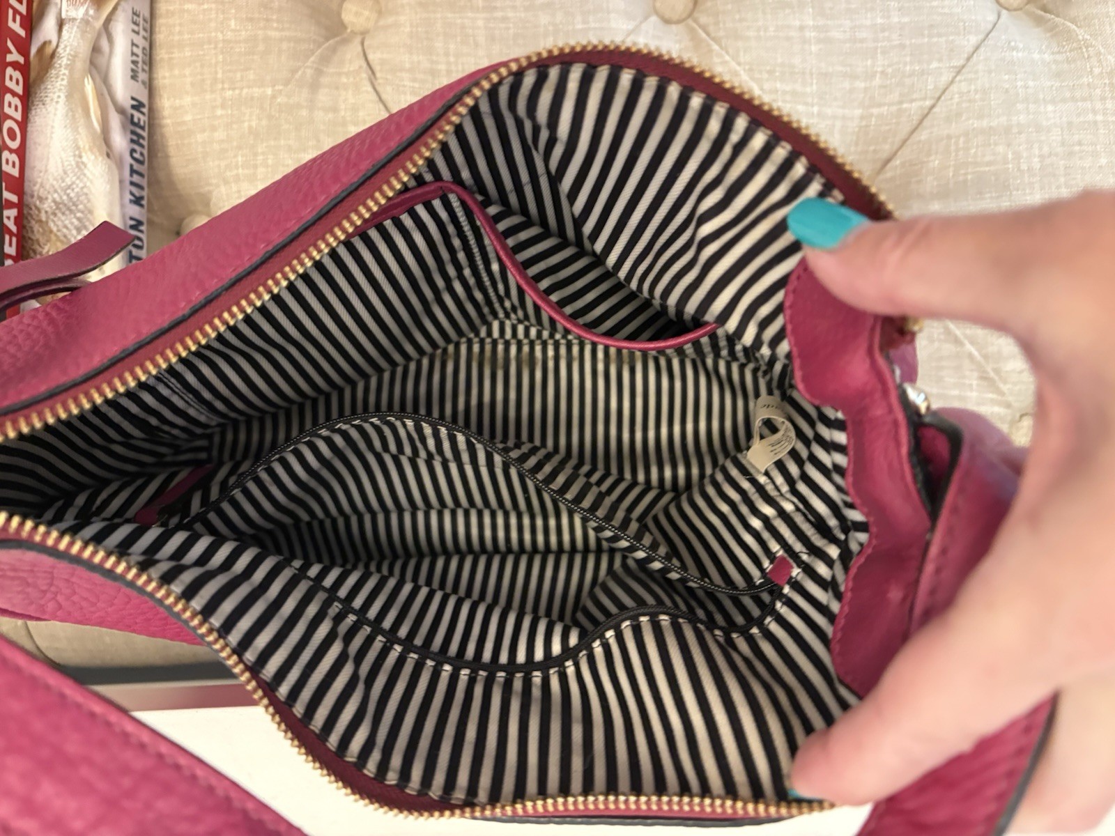 Kate Spade New York Pink Pebbled Shoulder Bag Zip Striped Lining Gold Hardware