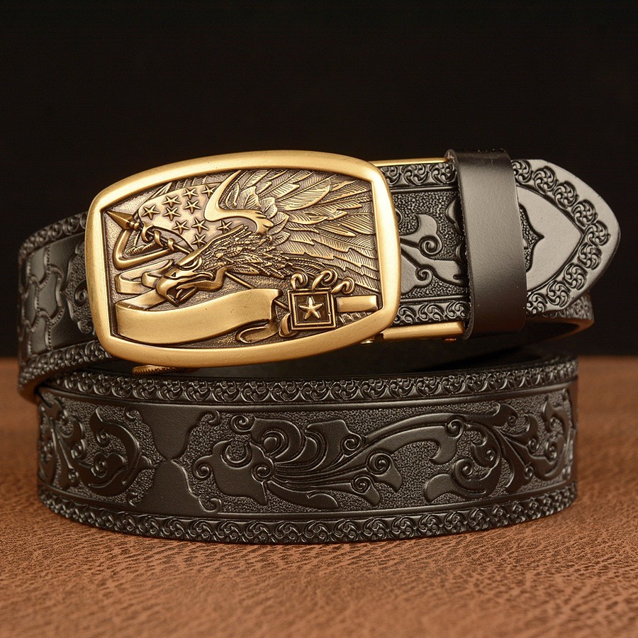 Mens Genuine Leather Ratchet Belts Adjustable Automatic Buckle Jeans Waistband