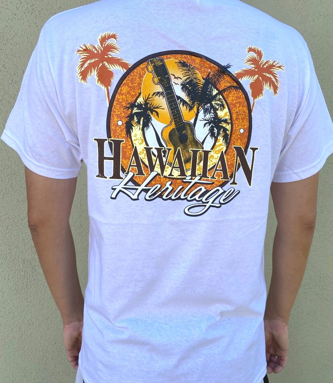 Hawaiian Style Heritage Sunset Palm Tree Surfboard Men Women White Cotton Tee
