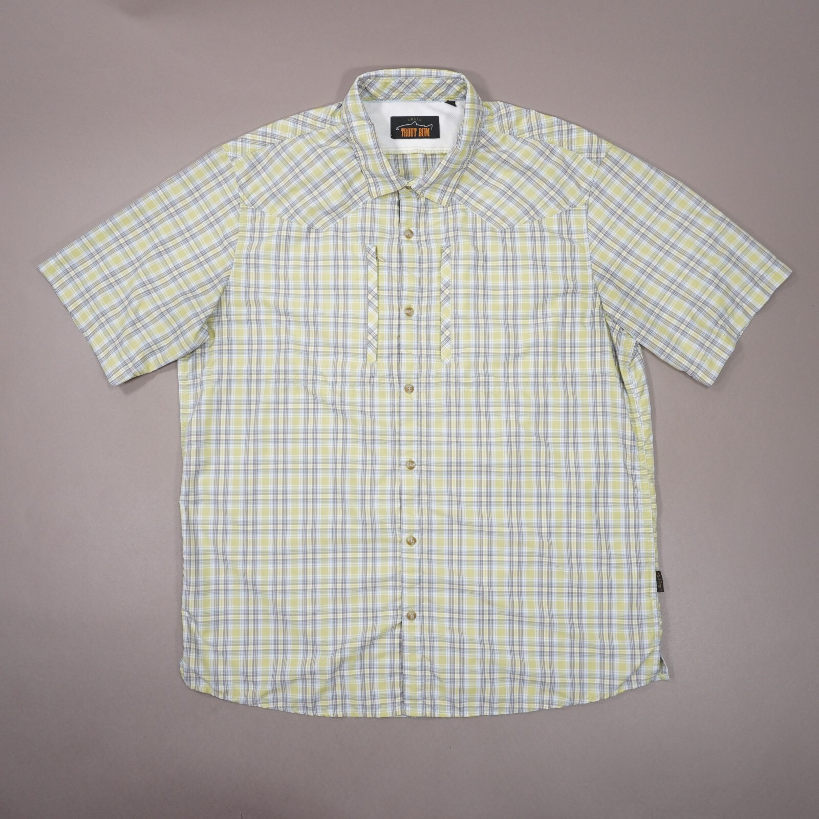 ORVIS Trout Bum Short Sleeve Vented Shirt Mens Large Green Blue Plaid Nylon Poly