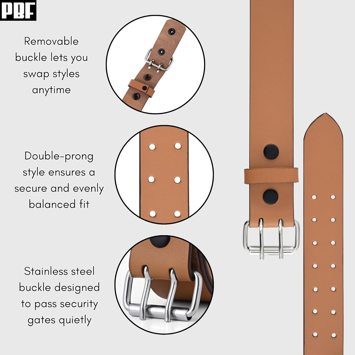 PBF Leather Belts for Men Heavy Duty 1.75 Inch Wide Double Prong, Casual, Full G