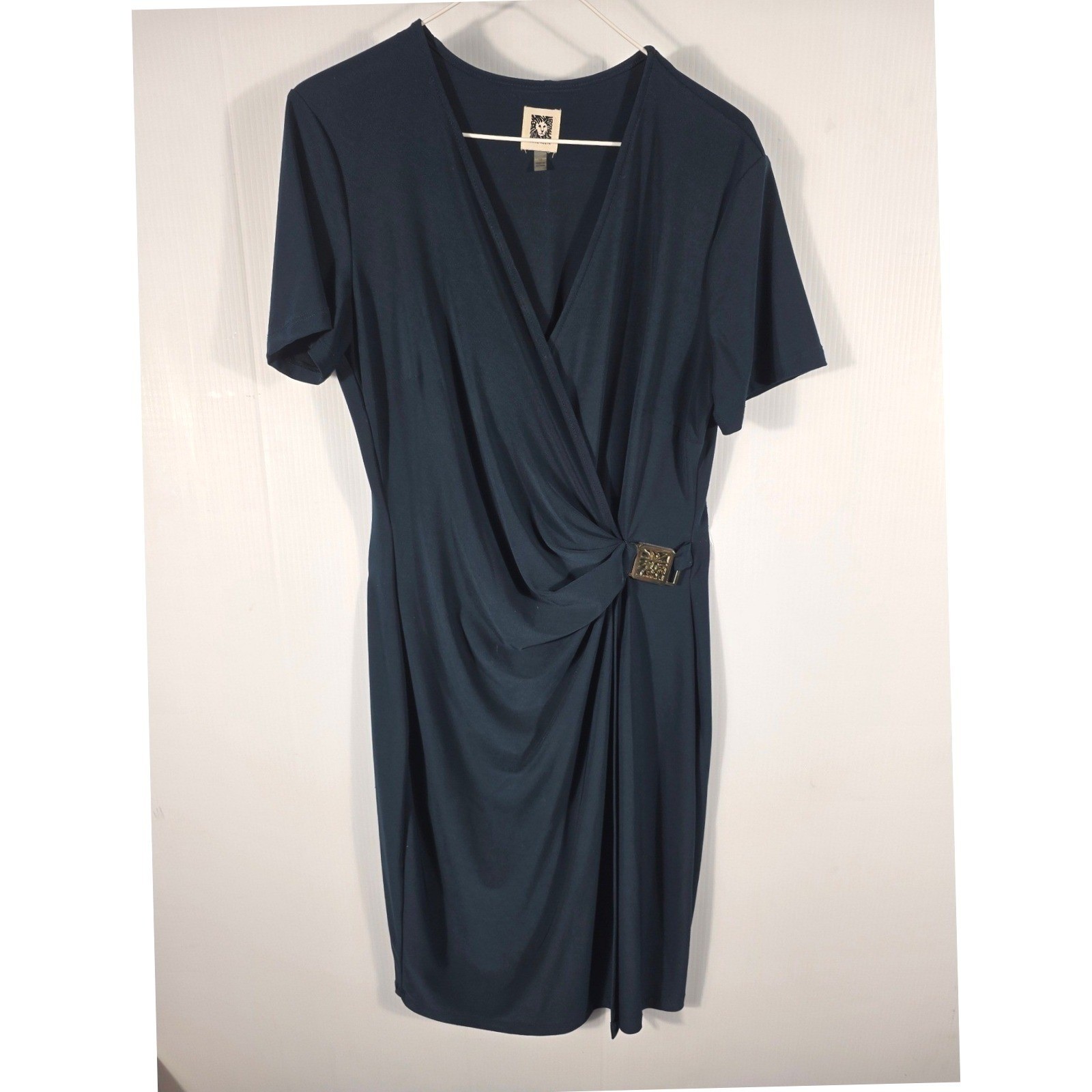 Anne Klein Womens DarkGreen Faux Wrap Sheath Dress Gold Logo Buckle Size 10