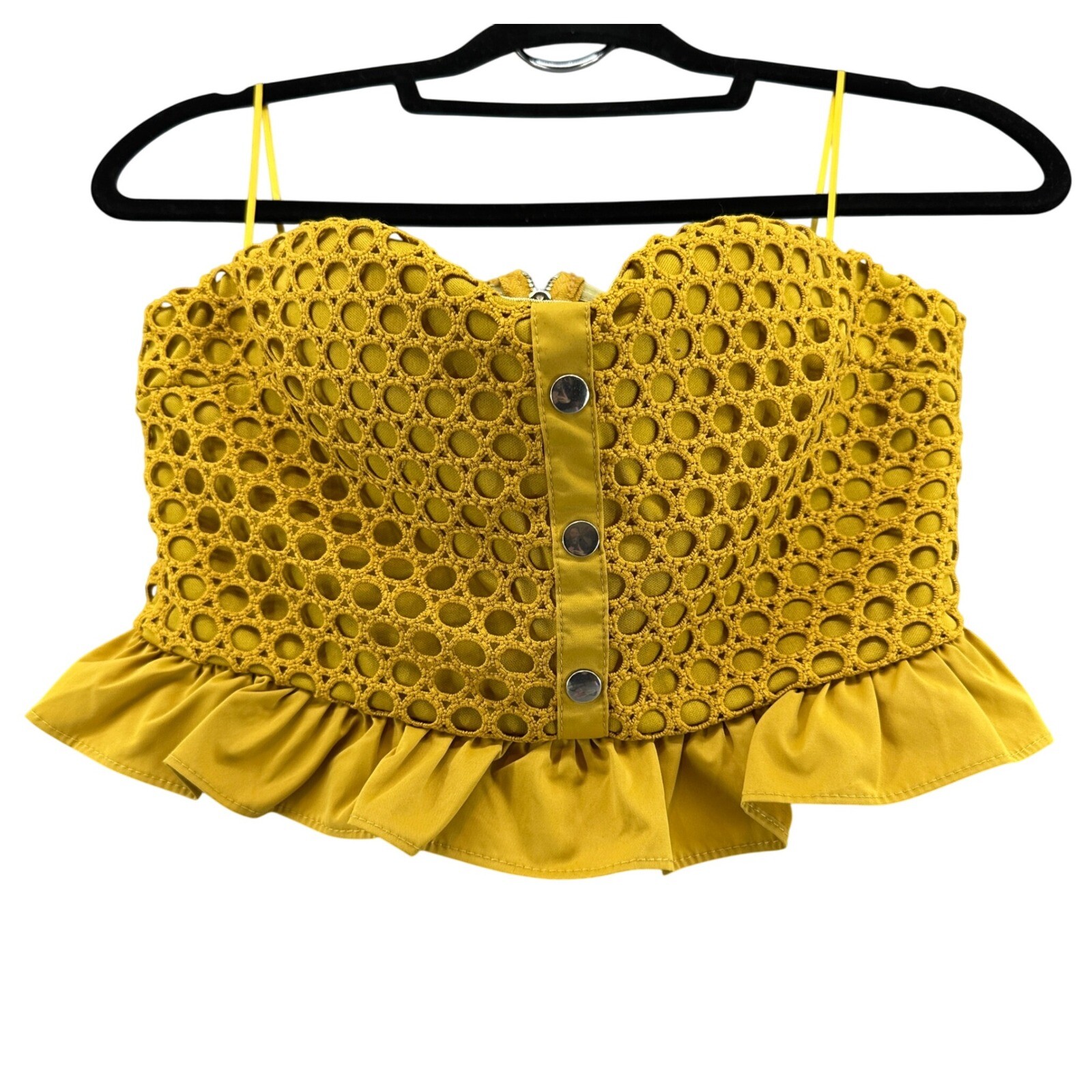 The Sang Crochet Like Top Ruffle Mustard Yellow Crop Top